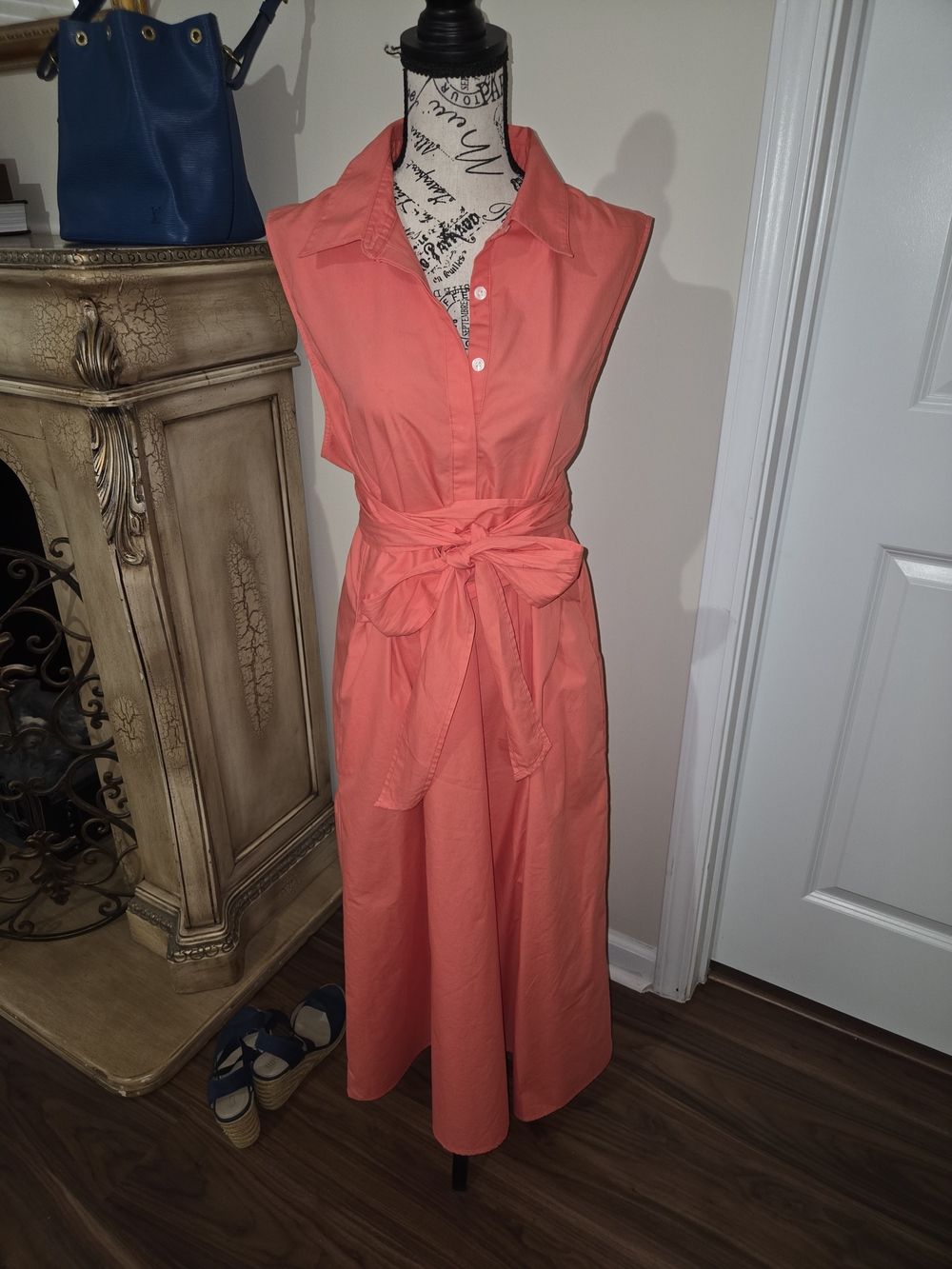 Banana Republic Coral Sleeveless Tie-Waist Midi Shirt Dress